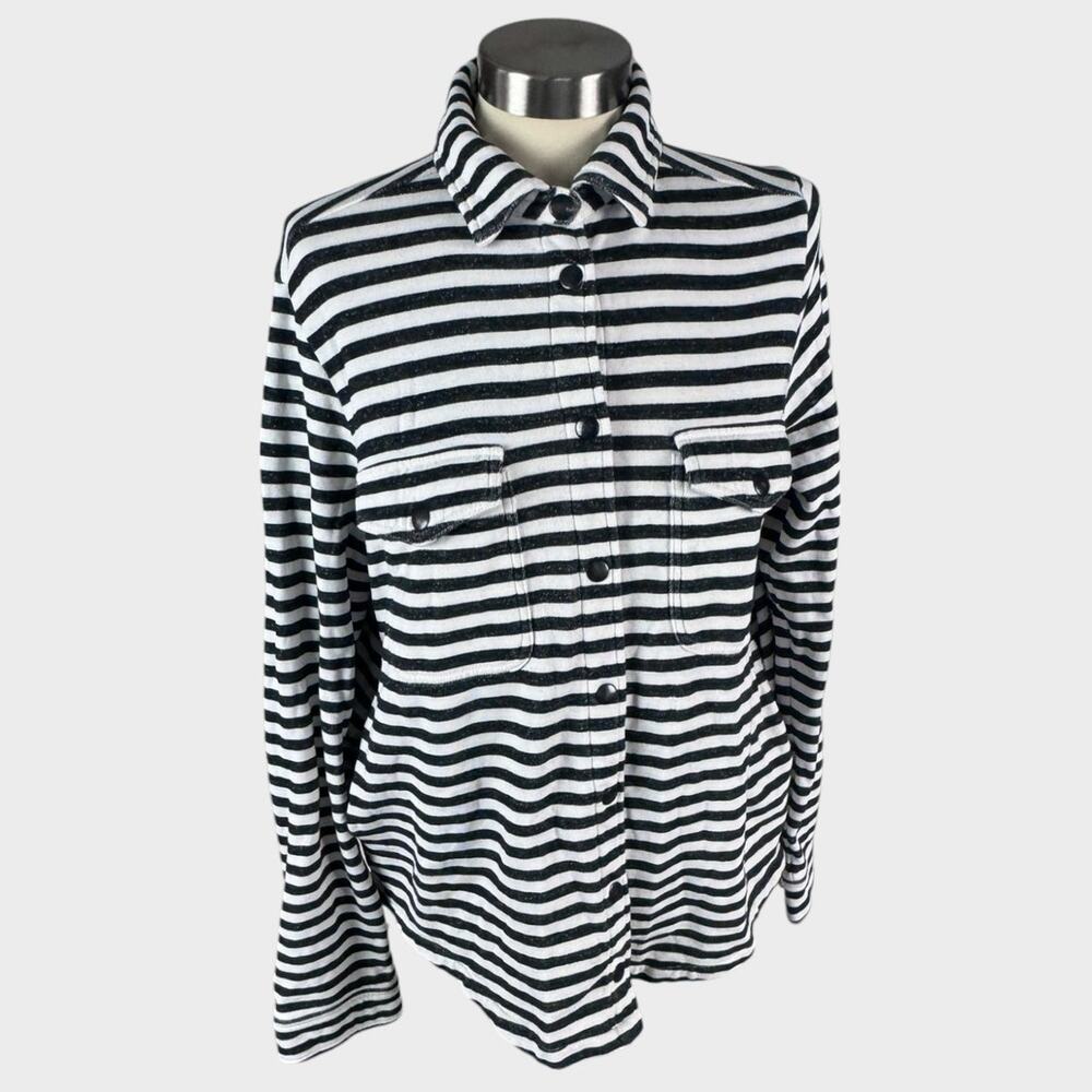Duffield Lane Womens Small Button Front Jacket Black White Stripe Shirt